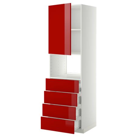 Высокий шкаф для духовки, дверца, 4 ящика МЕТОД / ФОРВАРА, белый, Рингульт красный