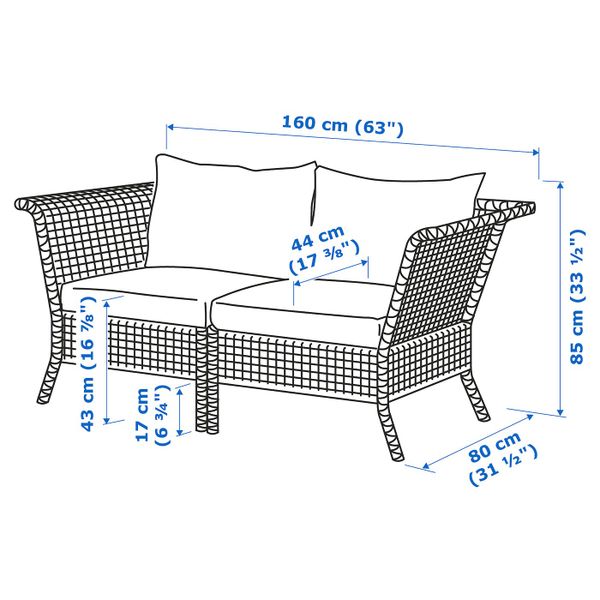 2-местный модульный диван, садовый, черно-коричневый/Холло бежевый 160x80x85 см IKEA КУНГСХОЛЬМЕН 992.288.05 - схема-чертеж с размерами