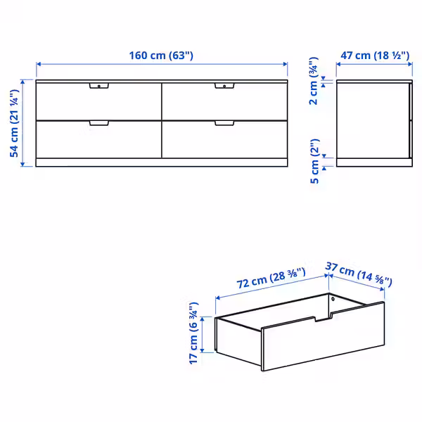 NORDLI Комод с 4 ящиками - белый 160x54 см - схема-чертеж с размерами
