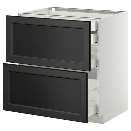 Напольный шкаф 2 фронтальные панели, 2 нижних, 1 средний, 1 высокий ящик МЕТОД / МАКСИМЕРА, белый, Лаксарби черно-коричневый
