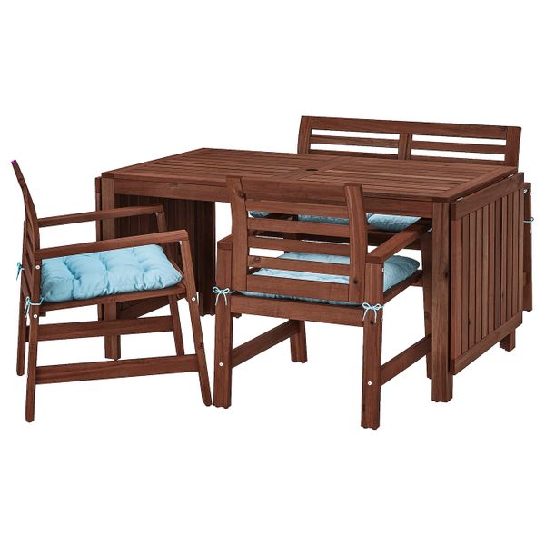 Стол + 2 кресла + скамья, для/сада, коричневая морилка/Куддарна голубой IKEA ÄPPLARÖ ЭПЛАРО 792.894.04 - фото 1