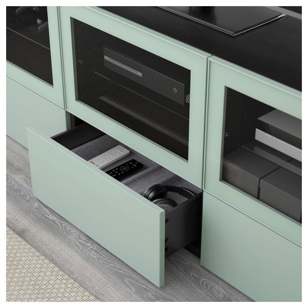 Тумба под ТВ, с дверцами и ящиками БЕСТО, черно-коричневый Сельсвикен, глянцевый/серо-зеленый светлый прозрачное стекло - фото 3