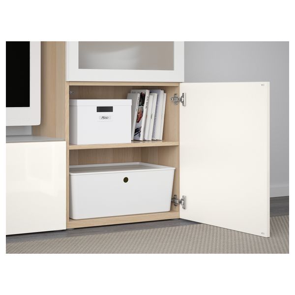 Шкаф для ТВ, комбинированный, стекляные дверцы БЕСТО, под беленый дуб, Сельсвикен глянцевый/белый матовое стекло (240x40x128 см) - фото 3