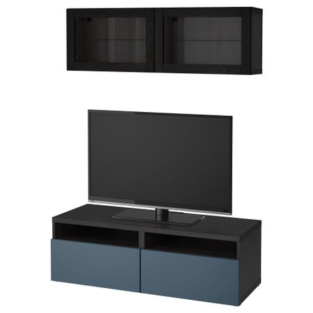 Шкаф для ТВ, комбинированный, стекляные дверцы БЕСТО, черно-коричневый Вальвикен, темно-синий прозрачное стекло (120x20/40x166