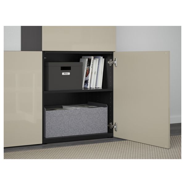 Шкаф для ТВ, комбинированный, стекляные дверцы БЕСТО, черно-коричневый, Сельсвикен глянцевый/бежевый/дымчатое стекло (300x40x192 - фото 3