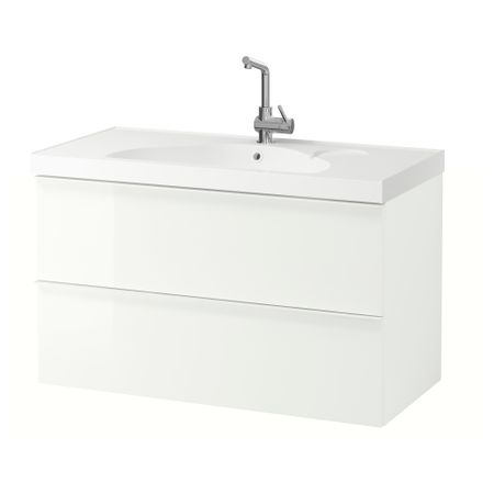 Шкаф для раковины с 2 ящиками ГОДМОРГОН / ЭДЕБОВИКЕН, глянцевый белый (100x49x64 см)