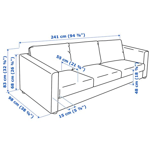 3-местный диван, Saxemara голубой IKEA VIMLE ВИМЛЕ 793.990.49 - схема-чертеж с размерами