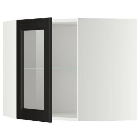 Угловой навесной шкаф с полками, стекляными дверцами МЕТОД, белый, Лаксарби черно-коричневый