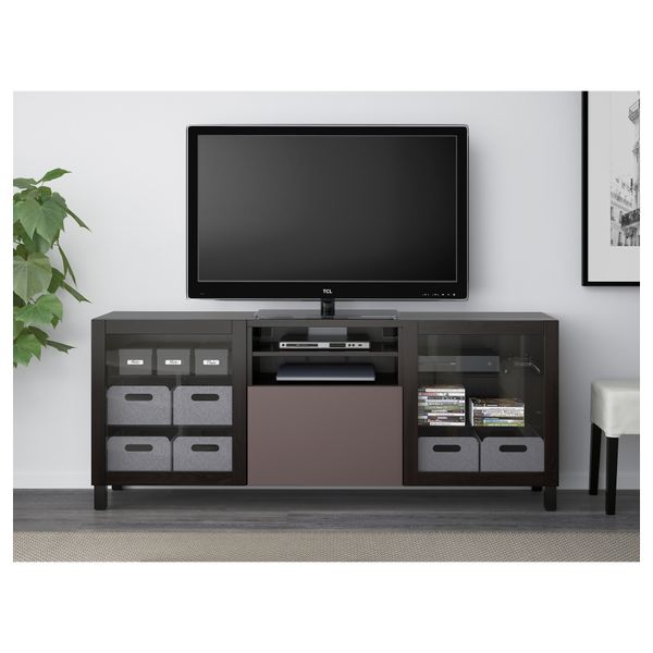 Тумба под ТВ БЕСТО, черно-коричневый, Вальвикен темно-коричневый, прозрачное стекло (180x40x74 см) - фото 2