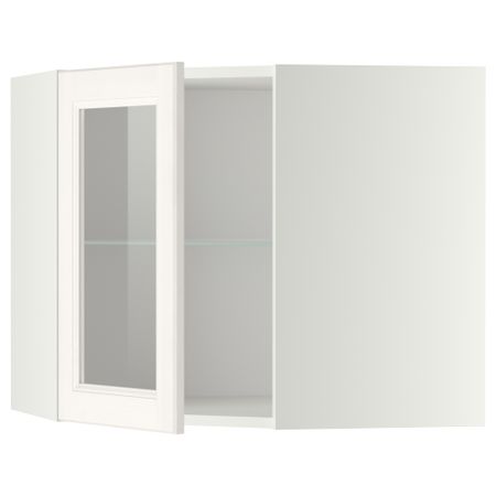 Угловой навесной шкаф с полками, стекляными дверцами МЕТОД, белый, Лаксарби белый