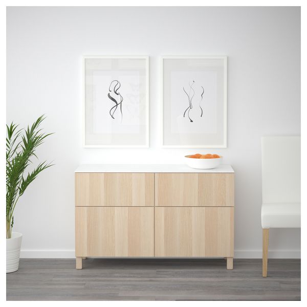 Комбинация для хранения с дверцами, ящиками БЕСТО, под беленый дуб, Лаппвикен под беленый дуб (120x42x74 см) - схема-чертеж с размерами