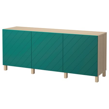 Комбинация для хранения с дверцами БЕСТО, под беленый дуб, Халлставик сине-зеленый (180x40x74 см)