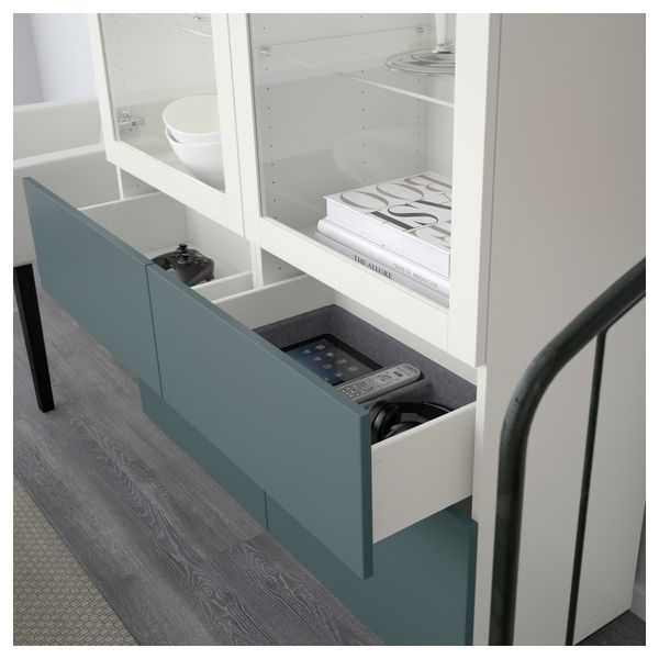 Комбинация для хранения со стеклянными дверцами БЕСТО, белый, Вальвикен серо-бирюзовый, прозрачное стекло (120x40x192 см) - схема-чертеж с размерами