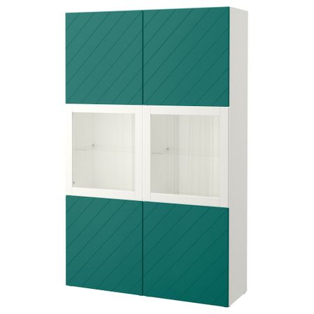 Комбинация для хранения со стеклянными дверцами БЕСТО, белый Халлставик, сине-зеленый прозрачное стекло (120x40x192 см)