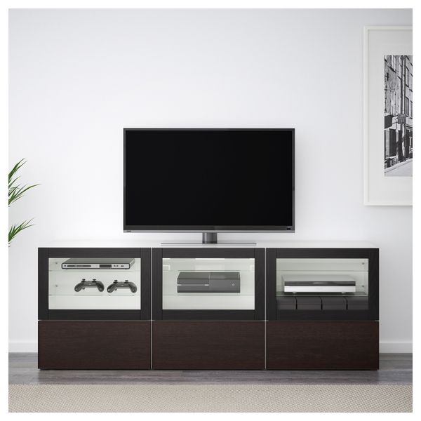 Тумба под ТВ, с дверцами и ящиками БЕСТО, белый Синдвик, Инвикен черно-коричневый прозрачное стекло (180x40x64 см) - фото 2