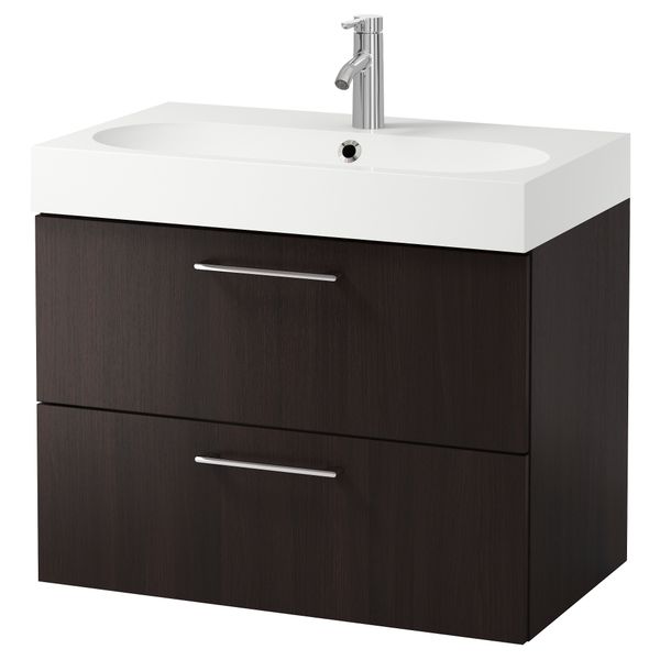 Шкаф для раковины с 2 ящиками ГОДМОРГОН / БРОВИКЕН, черно-коричневый (80x49x68 см) - фото 2