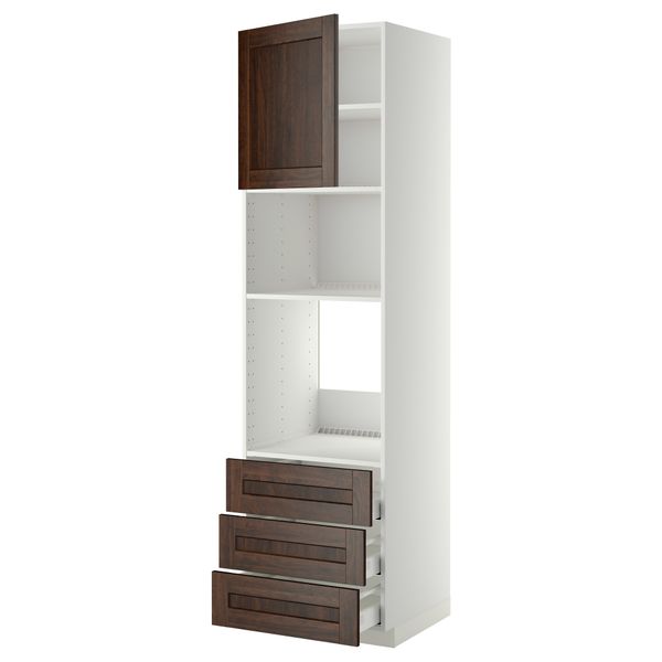 Высокий шкаф для духовки/СВЧ дверца, 3 ящика МЕТОД / МАКСИМЕРА, белый, Эдсерум коричневый - фото 1