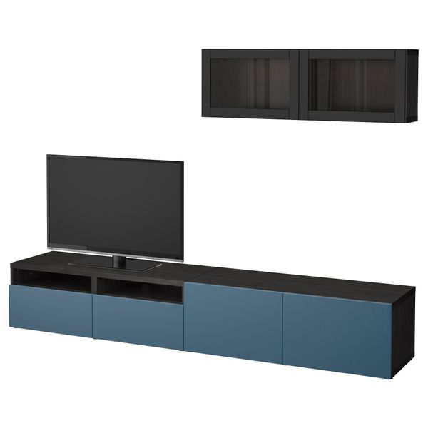 Шкаф для ТВ, комбинированный, стекляные дверцы БЕСТО, черно-коричневый Вальвикен, темно-синий прозрачное стекло (240x20/40x166 - фото 1