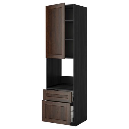 Высокий шкаф для духовки + дверца, 2 фронтальные панели, 1 средняя, 1 встроенный ящ, черный/Эдсерум коричневый 60x60x220 см IKEA