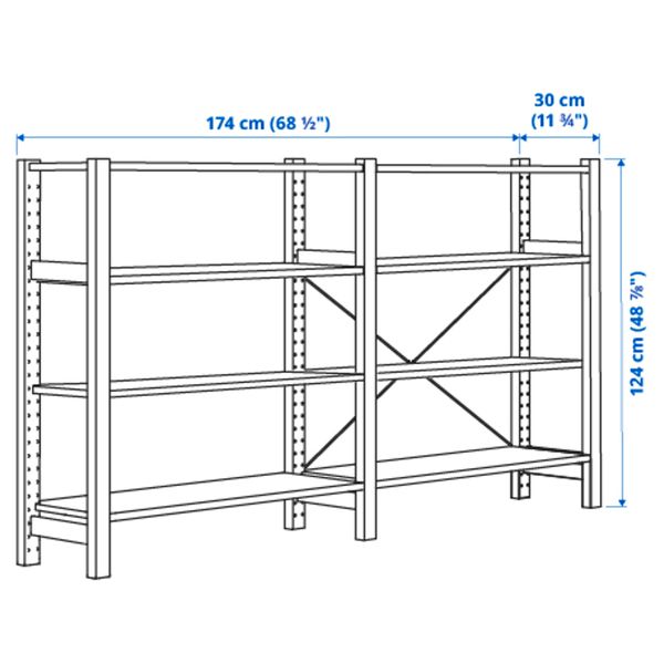 2 секции, полки, 174x30x124 см, сосна IKEA IVAR ИВАР 692.483.48 - схема-чертеж с размерами
