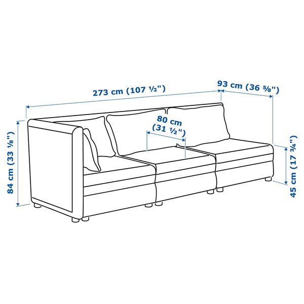 3-местный модульный диван ВАЛЛЕНТУНА, с открытым торцом и хранение, Хилларед темно-серый - схема-чертеж с размерами