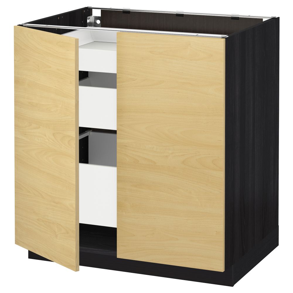 Напольный шкаф с 2 дверцами, 3 ящиками МЕТОД / МАКСИМЕРА, черный, Тингсрид береза (80x60 см) - схема-чертеж с размерами