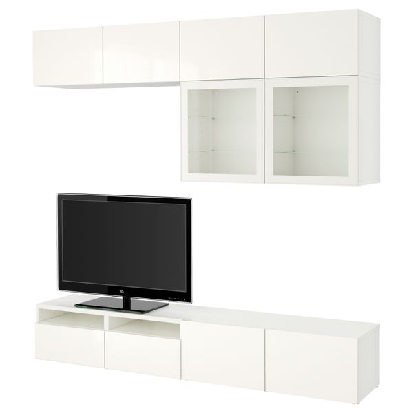 Шкаф для ТВ, комбинированный, стекляные дверцы БЕСТО, белый, Сельсвикен глянцевый/белый прозрачное стекло (240x40x230 см) - фото 1