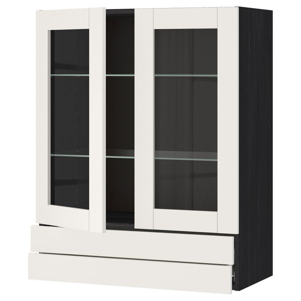 Навесной шкаф, 2 стеклянные дверцы, 2 ящика МЕТОД / ФОРВАРА, черный, Сэведаль белый - схема-чертеж с размерами