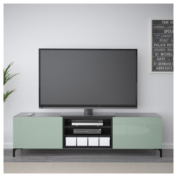 Тумба для ТВ с ящиками БЕСТО, черно-коричневый, Сельсвикен глянцевый/серо-зеленый светлый (180x40x48 см) - фото 2
