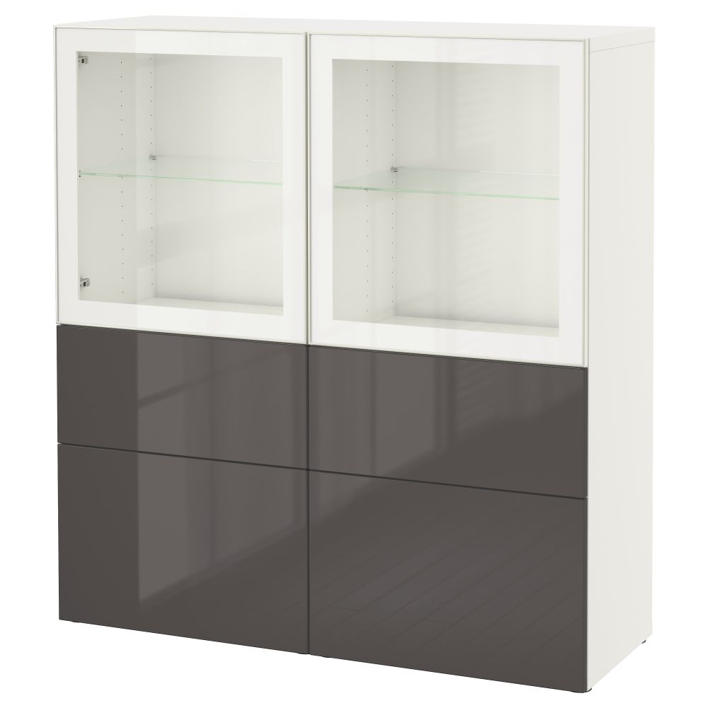 Комбинация для хранения со стеклянными дверцами БЕСТО, белый, Сельсвикен глянцевый/серый прозрачное стекло (120x40x128 см) - фото 1