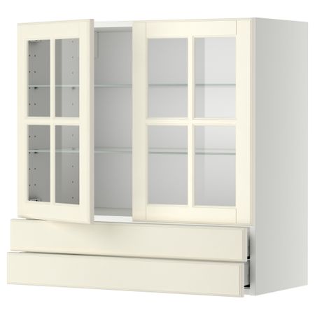 Навесной шкаф, 2 стеклянные дверцы, 2 ящика МЕТОД / МАКСИМЕРА, белый, Будбин белый с оттенком