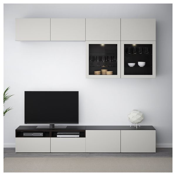 Шкаф для ТВ, комбинированный, стекляные дверцы БЕСТО, черно-коричневый Лаппвикен, Синдвик светло-серый прозрачное стекло - фото 2