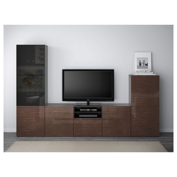 Шкаф для ТВ, комбинированный, стекляные дверцы БЕСТО, черно-коричневый, Сельсвикен глянцевый/коричневый дымчат стекло - фото 2