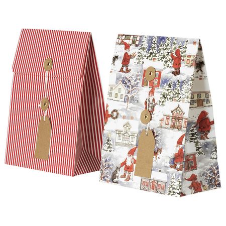 Подарочный пакет, орнамент «Санта Клаус»/орнамент «полоска» красный 20x26 см/2.5 л IKEA VINTER 2020 ВИНТЕР 2020 304.742.57