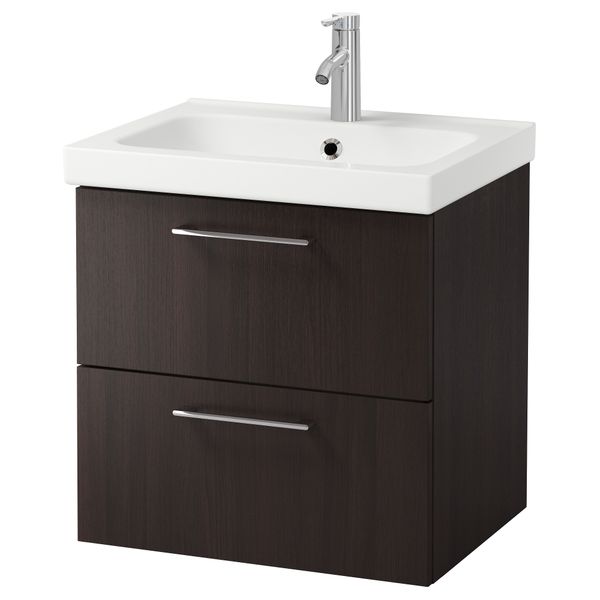 Шкаф для раковины с 2 ящиками ГОДМОРГОН / ОДЕНСВИК, черно-коричневый - фото 1