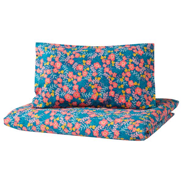 Детское постельное белье, 3 предм., цветочный орнамент/синий розовый 60x120 см IKEA RÖRANDE РЁРАНДЕ 904.651.08 - фото 2