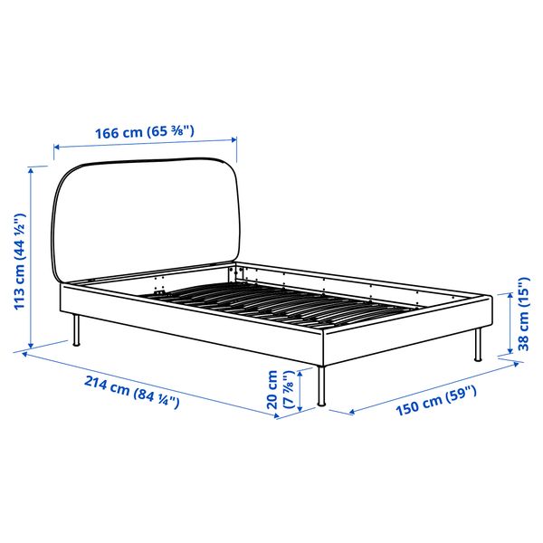 Каркас кровати с обивкой, 140x200 см, Gunnared светло-зеленый IKEA VADHEIM ВАДХЕЙМ 404.656.53 - схема-чертеж с размерами