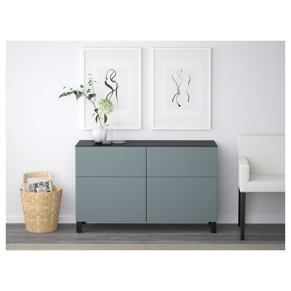 Комбинация для хранения с ящиками БЕСТО, черно-коричневый, Вальвикен серо-бирюзовый (120x40x74 см) - схема-чертеж с размерами