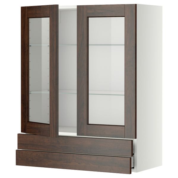 Навесной шкаф, 2 стекло двери/2 ящика, белый/Эдсерум коричневый 80x100 см IKEA METOD МЕТОД / MAXIMERA МАКСИМЕРА 694.463.86 - фото 1