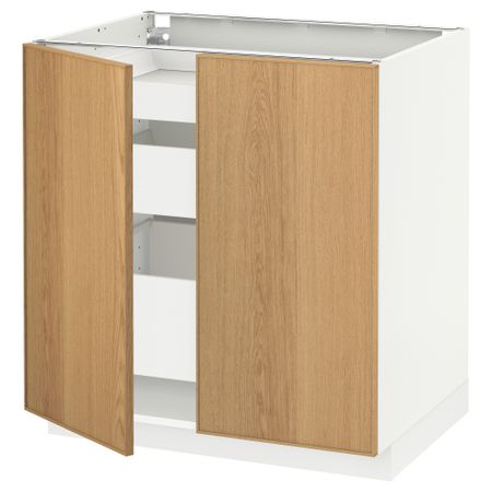 Напольный шкаф с 2 дверцами, 3 ящиками МЕТОД / МАКСИМЕРА, белый, Экестад дуб (80x60 см)