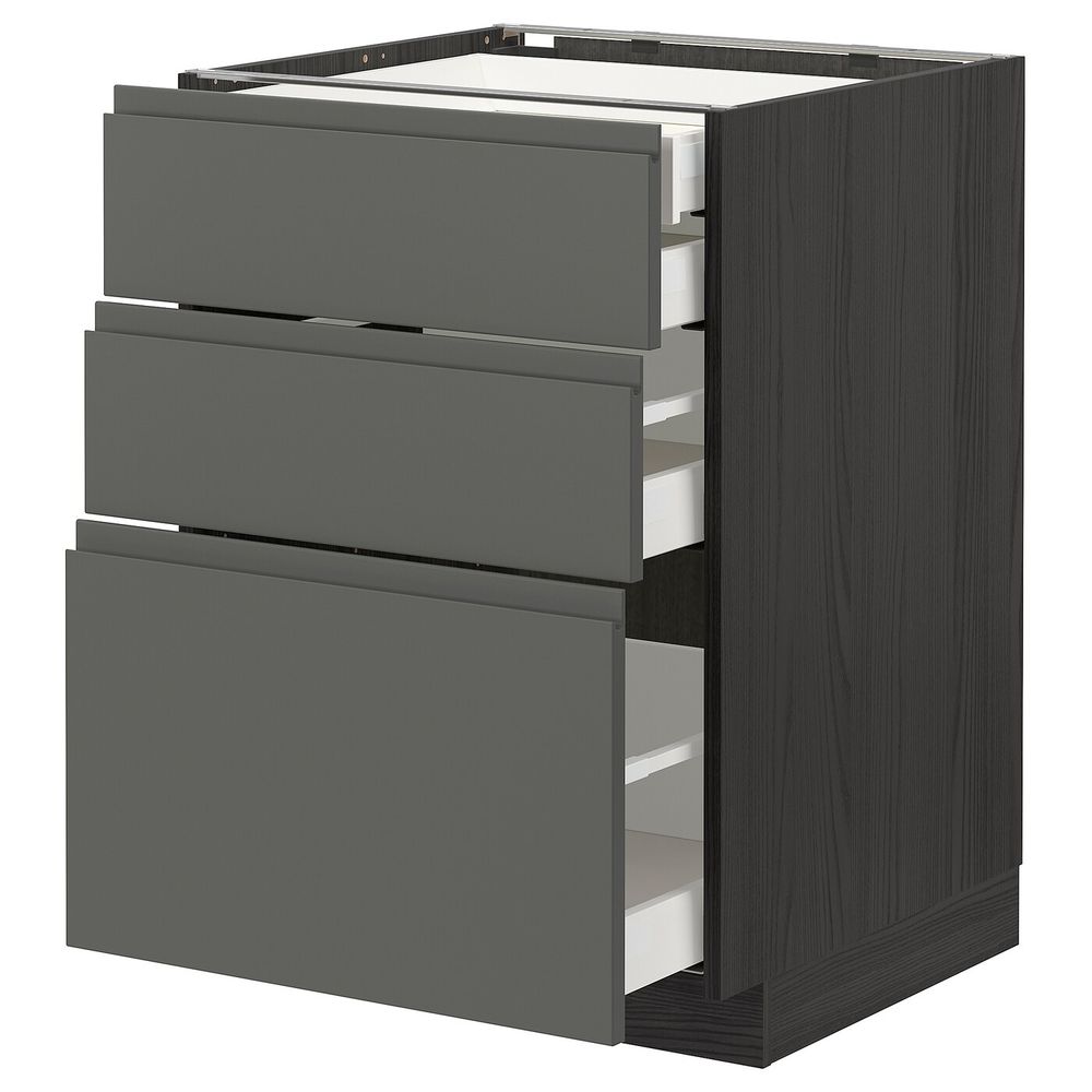 Напольный шкаф 3 фронтальные панели, 2 низких, 1 средний, 1 встроенный ящ, черный/Воксторп темно-серый 60x60 см IKEA МЕТОД / - схема-чертеж с размерами