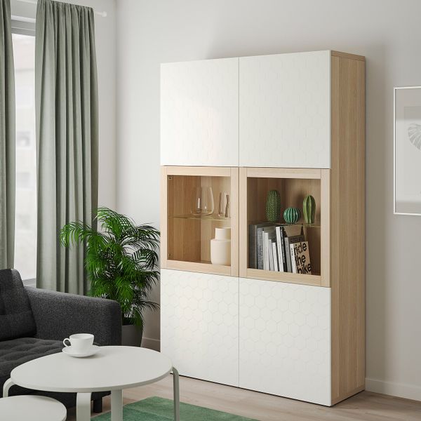 Комбинация для хранения + стеклянная дверц, под беленый дуб/вассвикен белый прозрачное стекло 120x40x192 см IKEA БЕСТО - фото 2