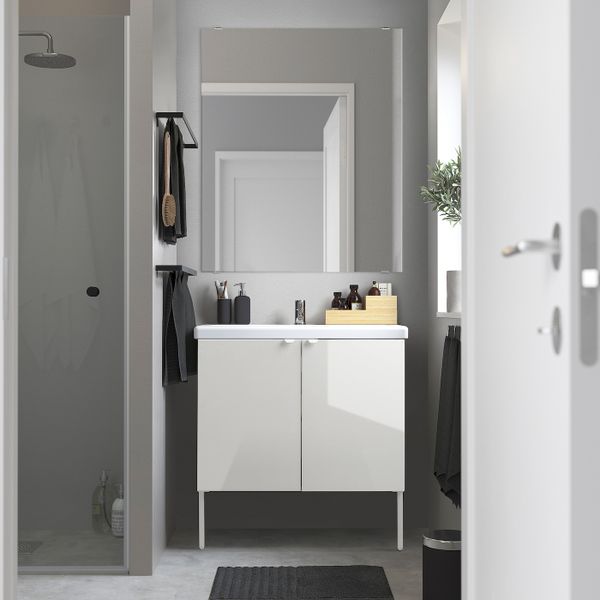 Комплект мебели для ванной,7 предм., глянцевый белый/ПИЛКОН смеситель 84x43x88 см IKEA FISKÅN ФИСКОН / TVÄLLEN ТВЭЛЛЕН - схема-чертеж с размерами