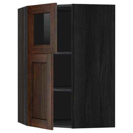 Угловой навесной шкаф + полки, 1 дверца, 1 стеклянные дверцы МЕТОД, черный, Эдсерум коричневый (68x100 см)