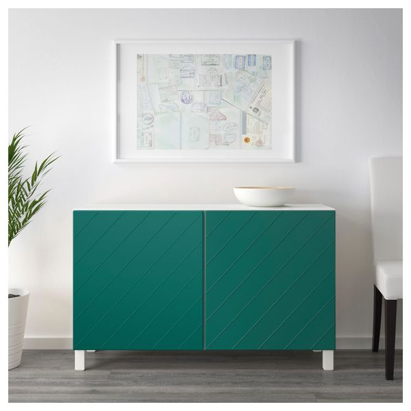 Комбинация для хранения с дверцами БЕСТО, белый, Халлставик сине-зеленый (120x40x74 см) - схема-чертеж с размерами