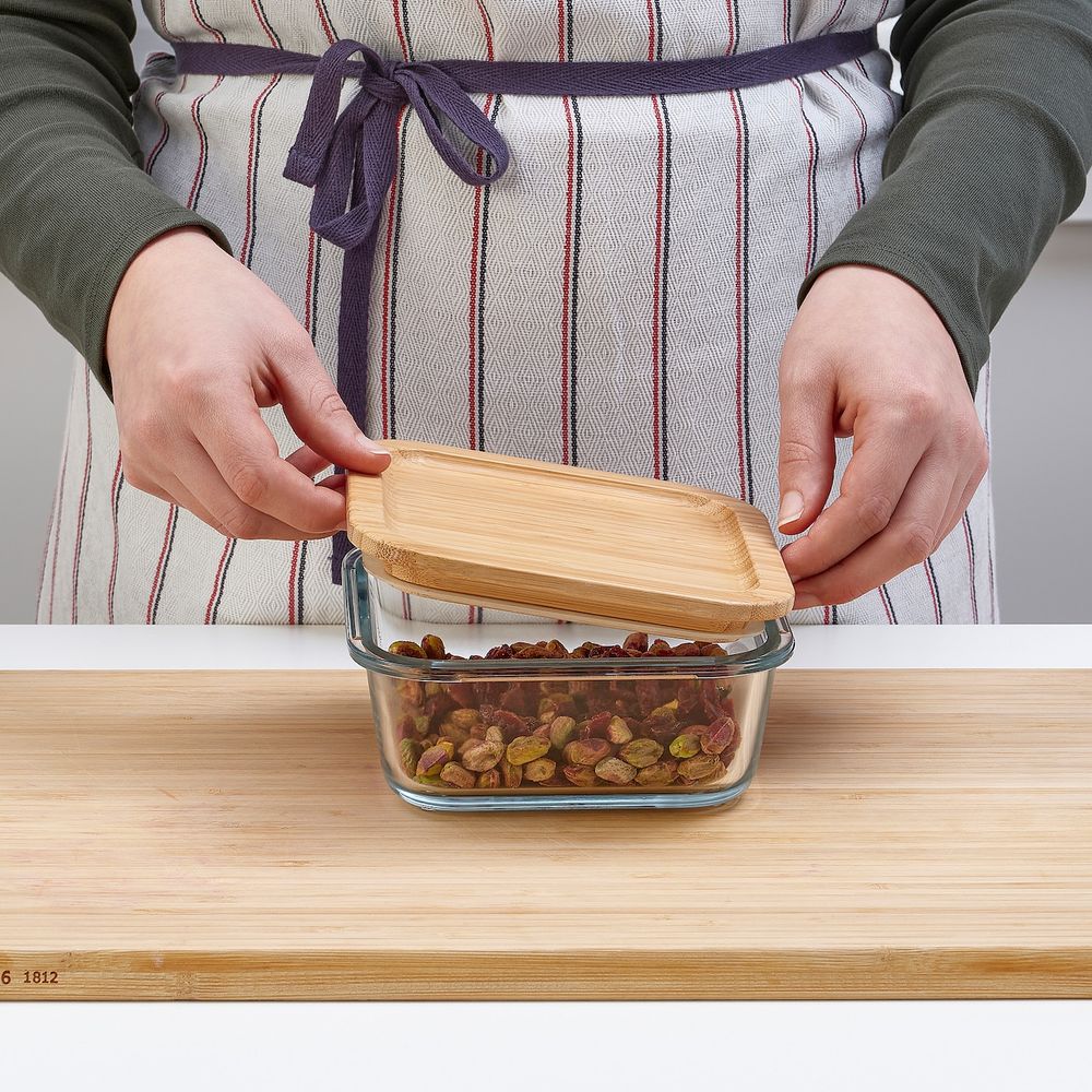 Контейнер для продуктов с крышкой, четырехугольной формы стекло/бамбук 600 мл IKEA IKEA 365+ ИКЕА/365+ 392.691.15 - фото 1