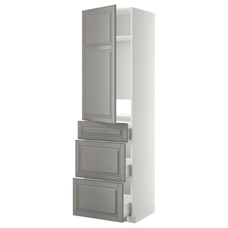 Высокий шкаф для холодильника, с дверцами, 3 ящика МЕТОД / ФОРВАРА, белый, Будбин серый (60x60x220 см)