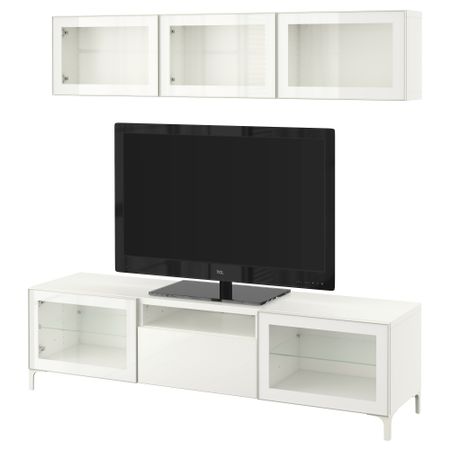 Шкаф для ТВ, комбинированный, стекляные дверцы БЕСТО, белый, Сельсвикен глянцевый/белый прозрачное стекло (180x20/40x166 см)