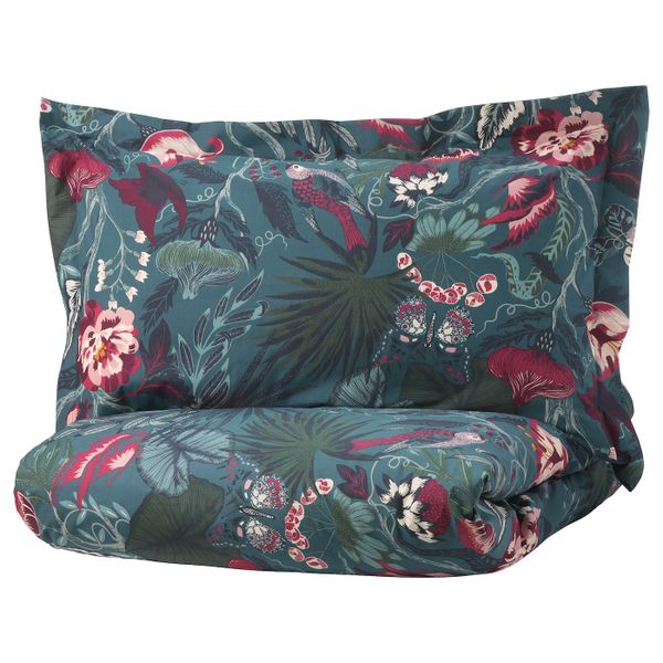 Пододеяльник и 1 наволочка, темно-синий, с цветочным орнаментом 150x200/50x70 см IKEA ФИЛОДЕНДРОН 904.125.58 - фото 1