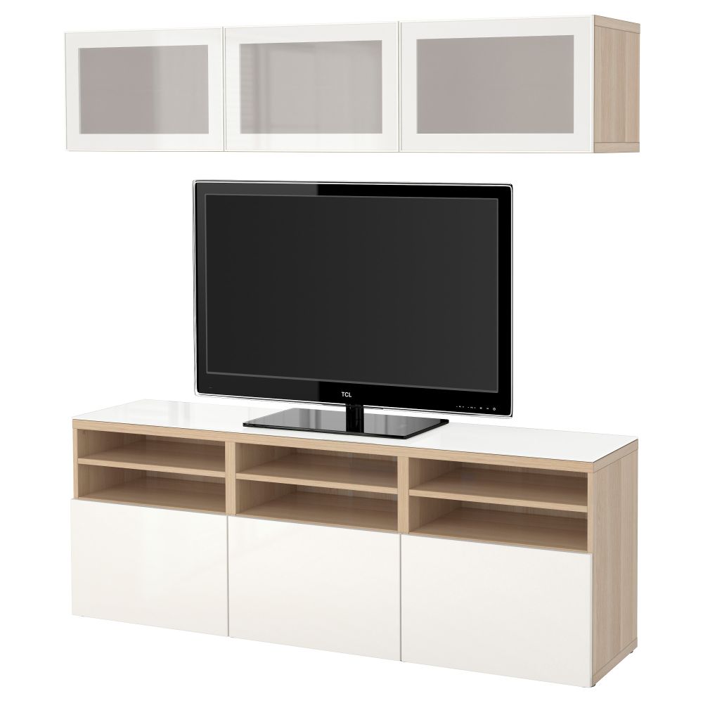 Шкаф для ТВ, комбинированный, стекляные дверцы БЕСТО, под беленый дуб под беленый дуб, Сельсвикен глянцевый/белый матовое стекло - фото 1